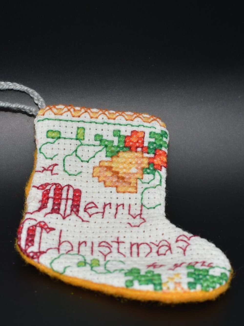 Cross Stitch Homemade Stocking Ornament - Merry Christmas